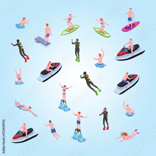 Isometric Water Sport Activity and Recreation Set with People Character