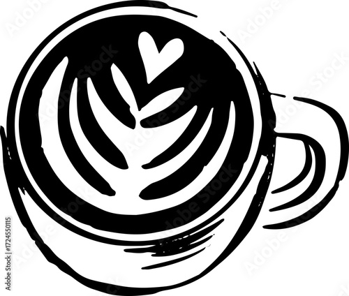 Black and white line art of a coffee cup with latte art