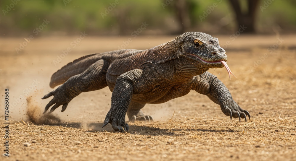 Fototapeta premium Komodo dragon running through dry landscape