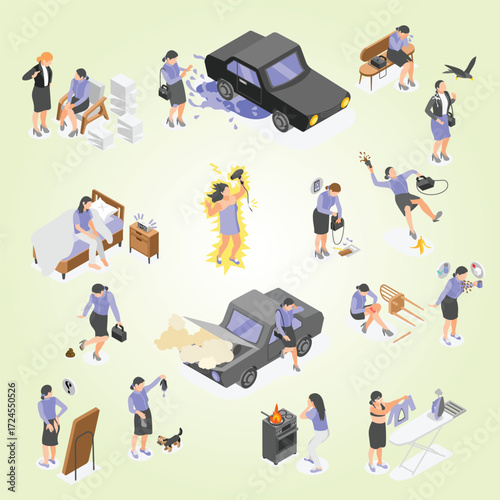 Isometric Woman Having A Bad Day Set Of Unfortunate Event Icons