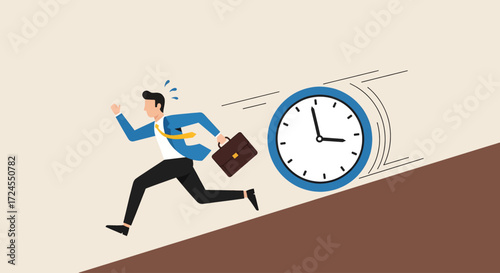 A frantic businessman runs uphill, chased by a rolling clock in a powerful metaphor for the stressful and constant race against time and deadlines.