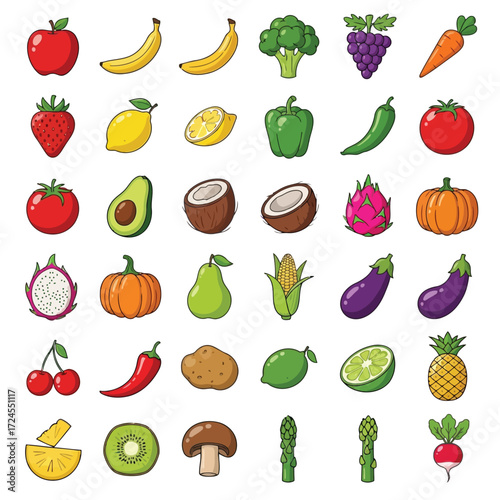 Vector illustration of collection of fresh fruits and vegetables