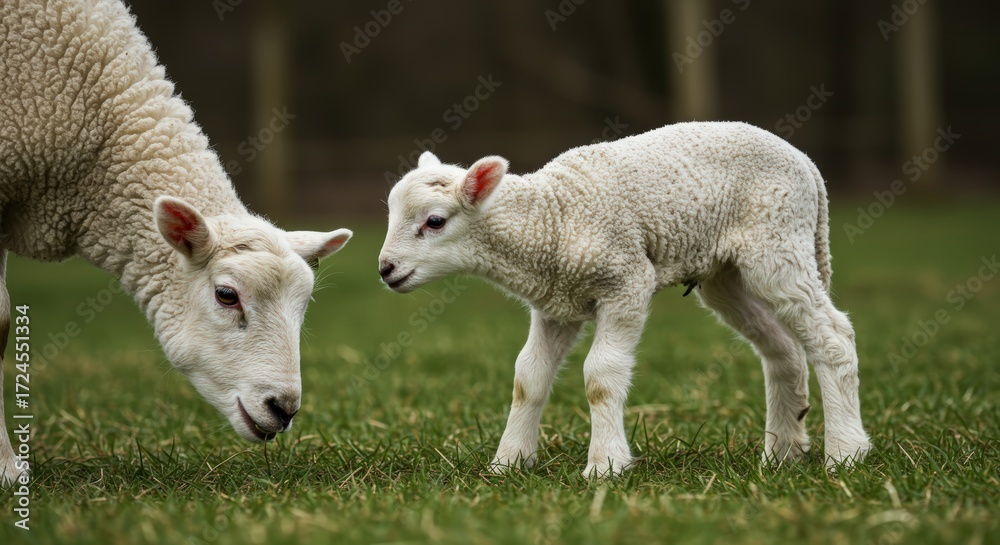Obraz premium Lamb and mother sheep in field
