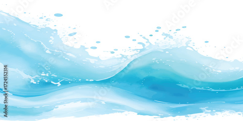 Blue Ocean Wave Motion Illustration with Watercolor Splash and Foamy Marine Texture for Vibrant Seascape Background in Creative Art Design