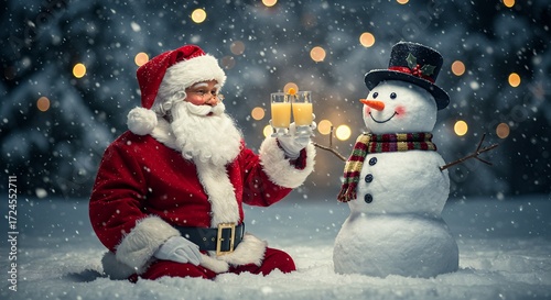 Santa claus and snowman toasting