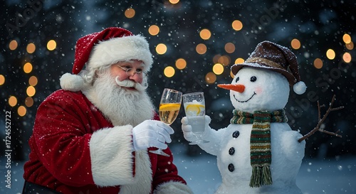 Santa claus and snowman celebrating holiday
