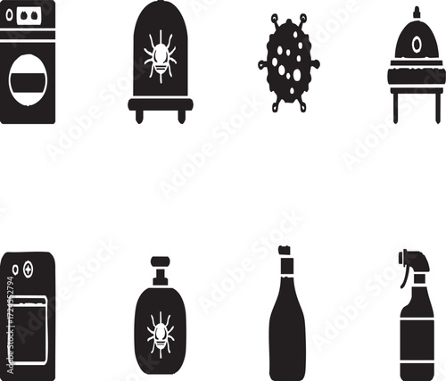 Vector art of set of disinfection icons, including washing machine, oven, and spray bottle