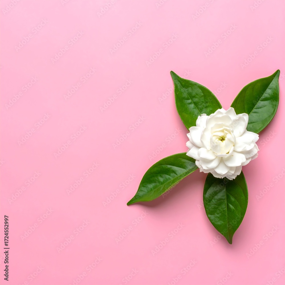 Fototapeta premium Single white jasmine flower with leaves on pink background