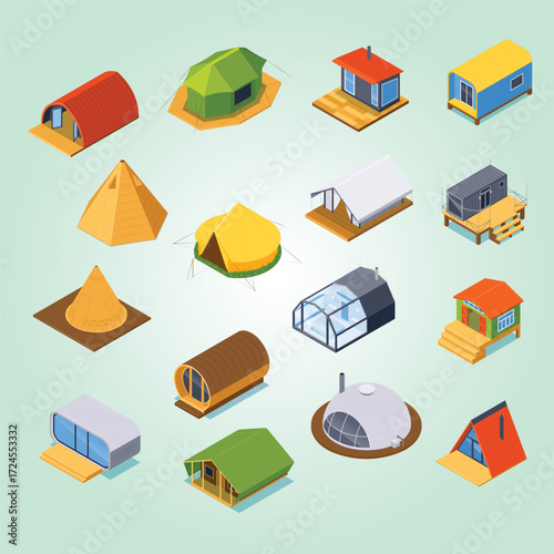 Isometric Isolated Glamping Structure with Different Tent and Cabin Style