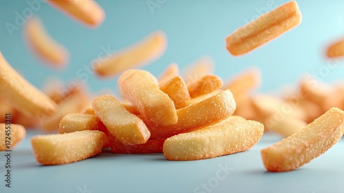 Golden French Fries Floating Against Light Blue Background in Dramatic Food Photography with Sharp Focus and Shallow Depth of Field