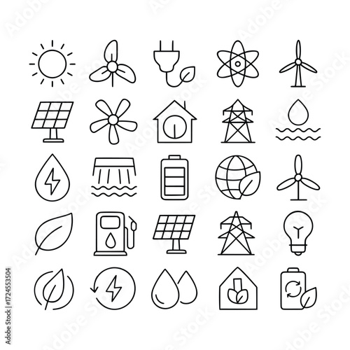 Set of clean energy icons representing renewable resources like solar, wind, and hydro power, alongside energy efficiency symbols