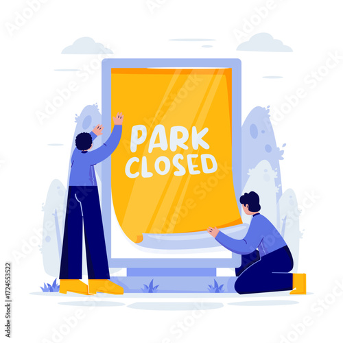 People Putting Park Closed Notice on Billboard Vector Illustration