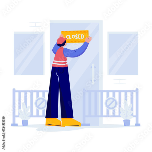 Man Putting Closed Sign on Entrance Door Vector Illustration