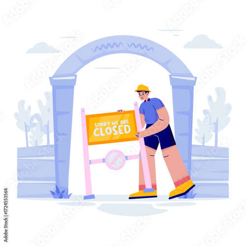 Closed Announcement Signboard on Entrance Gate Vector Illustration