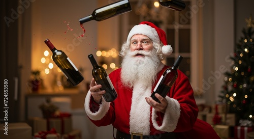Santa claus juggling wine bottles