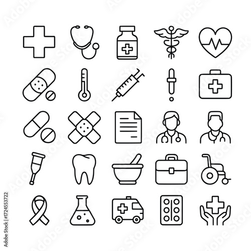 A comprehensive set of medical and healthcare line icons representing clinic services, pharmacy, emergency response, and patient care symbols