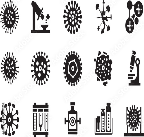 Vector art of black and white virus and laboratory equipment icons