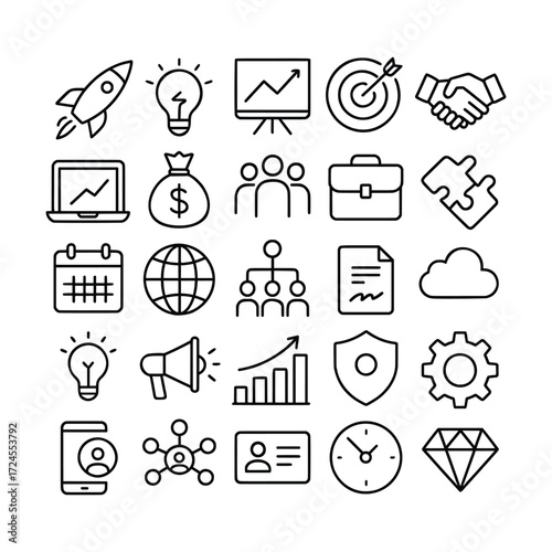 Comprehensive set of thin line icons for business strategy, startup launch, digital marketing, and project management concepts