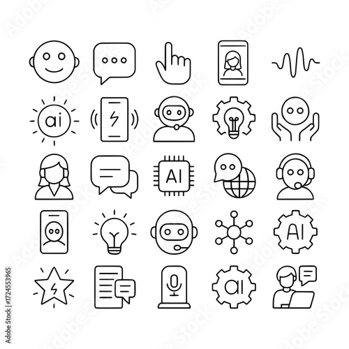 Set of linear icons representing artificial intelligence, chatbot technology, virtual customer service, and digital communication