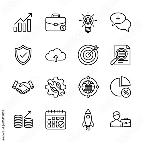 Business startup and development concept icon collection. Thin line vector illustrations for strategy, finance, and marketing