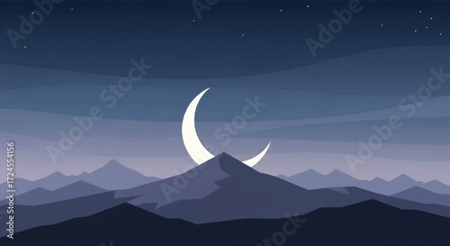 Serene vector landscape illustration featuring a glowing crescent moon resting majestically over layered mountain peaks under a starlit night sky, embodying peace and tranquility
