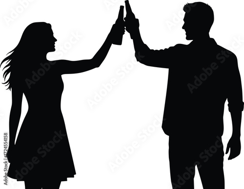 Silhouette of man and woman cheering with beer bottles, romantic celebration, party moment, friends enjoying night, black white illustration