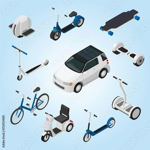 Isometric Electric and Personal Mobility Vehicle Technology Illustration with Clean Energy Car