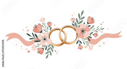 Elegant wedding rings adorned with delicate flowers and ribbon, symbolizing love and commitment in a beautiful floral arrangement, perfect for invitations, decorations, and wedding stationery