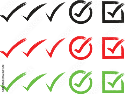 Checkmarks tick Icons button Set, Red Green Black circle square collection, Approval Right Correct Choice Symbol, Vector Illustration