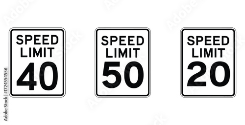 Three vertical white speed limit signs showing 40 50 and 20 in black numbers
