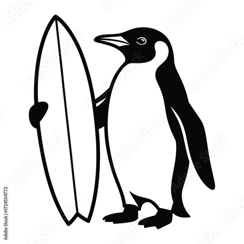Whimsical illustration of a penguin holding a surfboard ready for a surf session