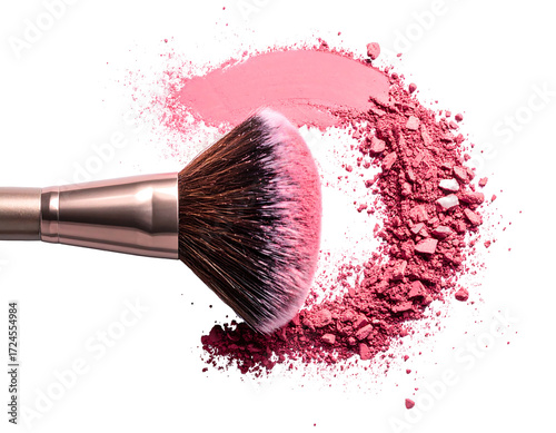 Pink blush powder and makeup brush