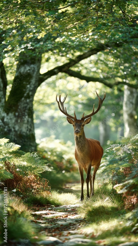 Naklejka premium Deer in forest pathway