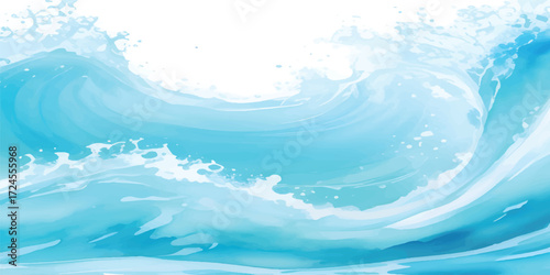 Blue Ocean Wave Motion Illustration with Watercolor Splash and Foamy Marine Texture for Vibrant Seascape Background in Creative Art Design
