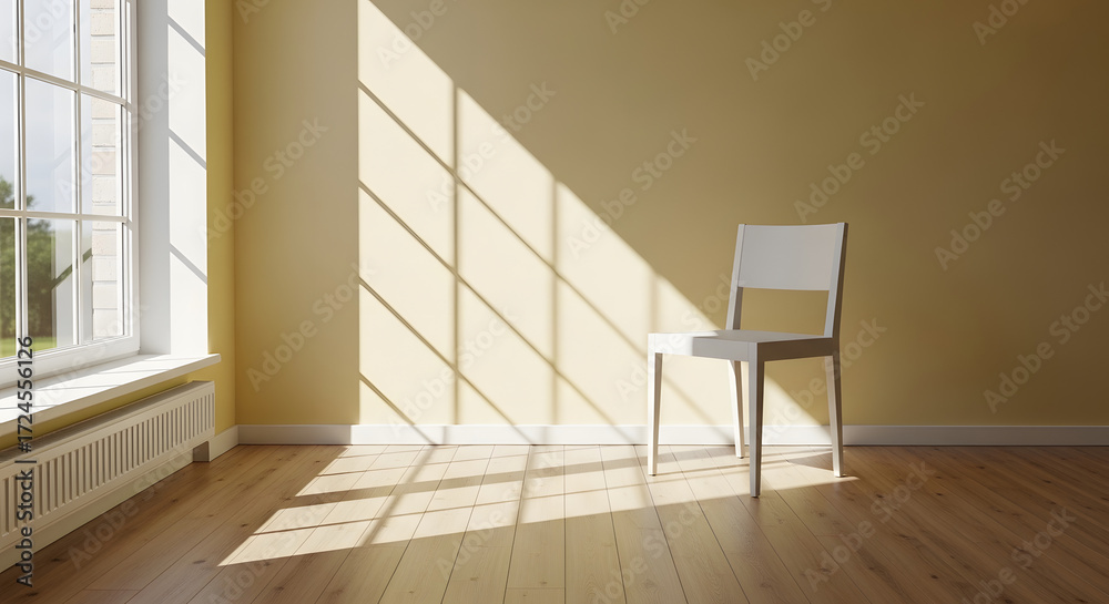 Fototapeta premium Vibrant yellow room with wooden floors and a sunlit window. wallpaper, Bright rays cast warm shadows around a white chair and a radiator. 