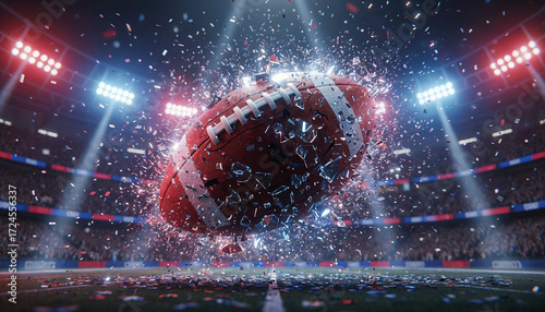 motion scene of American Football in Stadium, atmosphere, glowing red and blue lights with glistening specular highlights.