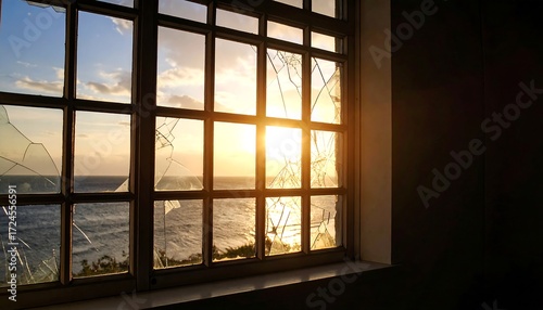 Broken window sunset view