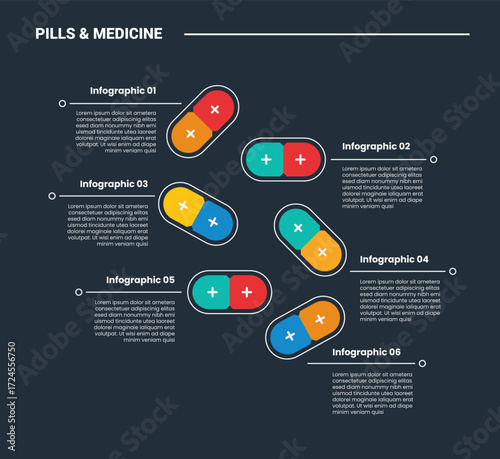 pills and medicine infographic process diagram with capsule stacking with opposite direction with dark background bright outline style 6 points