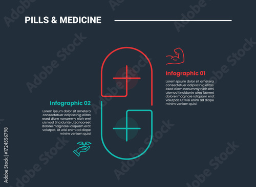 pills and medicine infographic process diagram with vertical capsule with opposite comparison content with dark background bright outline style 2 points