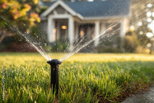 Watering sprinkler head in a lawn