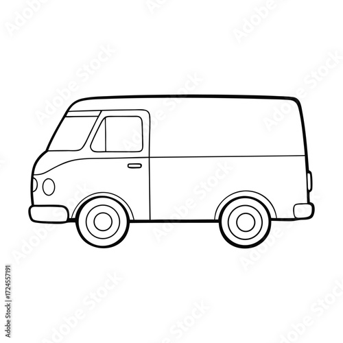 A fun cartoon cargo van coloring page featuring a simple outlined design, big wheels, and spacious body—perfect for kids to add creativity with bright colors.
