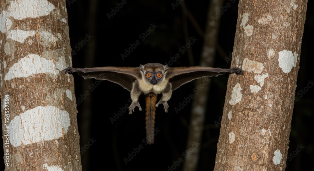 Naklejka premium Lemur in flight between tree trunks