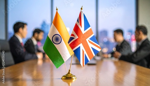 Business meeting with Indian and British flags