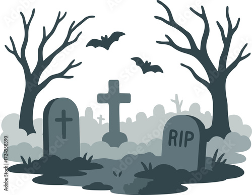 Spooky graveyard with tombstones and fog