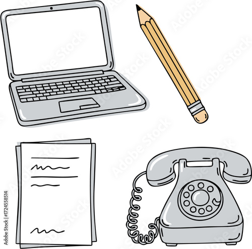 Doodle style illustration set of business and communication icons featuring a laptop, pencil, documents, and a vintage rotary telephone
