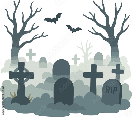 Spooky graveyard with tombstones and fog