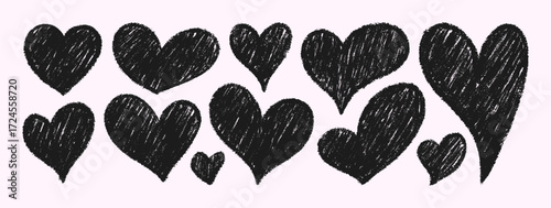 Crayon Doodle Hearts. Vector Chalk and Pencil Heart Shape in Black Color. Hand Drawn Love Icon Set in Kids Style for Web Design, Patterns, Logos, Valentines Day Cards