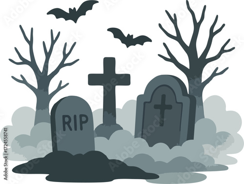 Spooky graveyard with tombstones and fog