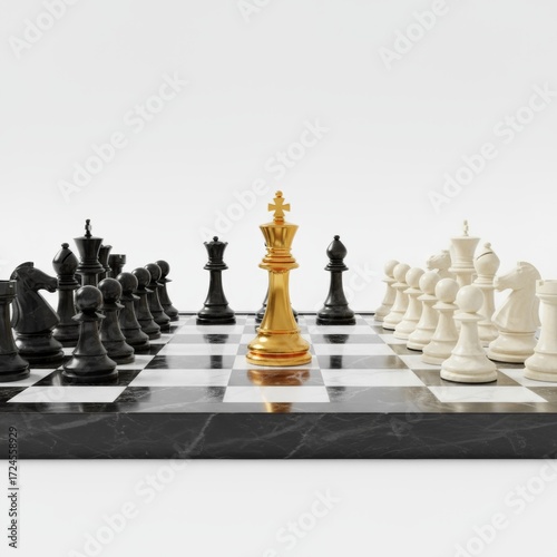 A golden king stands poised amidst opposing black and white chess pieces