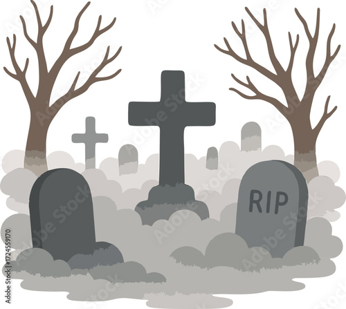 Spooky graveyard with tombstones and fog